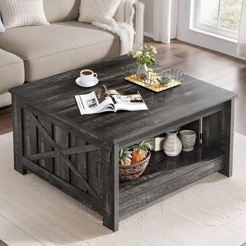 DWVO Square Coffee Tables for Living Room Farmhouse Coffee Table with Storage, 2-Tier Wood Center Table with Half Open Sto...