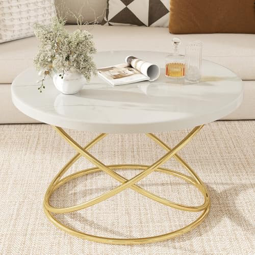 BECHAEO Round Coffee Table for Living Room, 31.5" Exquisite Faux Marble Tabletop Coffee Tables with Golden Frame, Modern C...