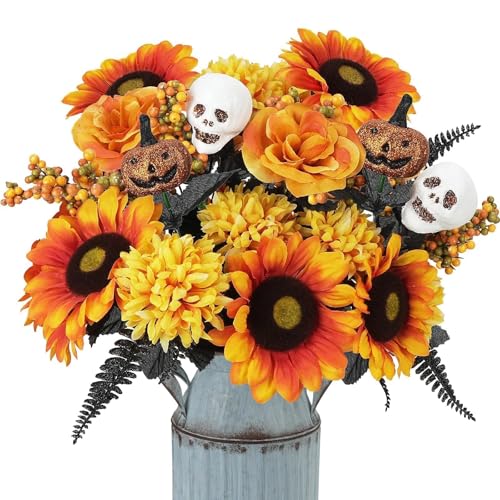 NAHUAA 2Pcs Fall Flowers Artificial Halloween Flowers 20Inch Fake Sunflowers with Silk Marigold Roses Skulls Decor for Hal...