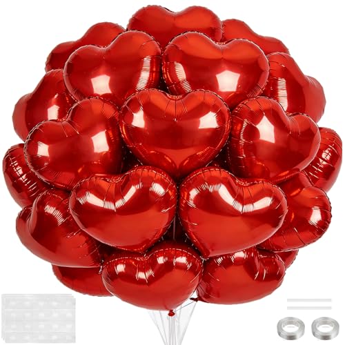 18 Inch Red Heart Balloons, 30 Pcs Foil Heart Shaped Balloon Large Foil Valentines Balloons Helium Support for Valentine's...