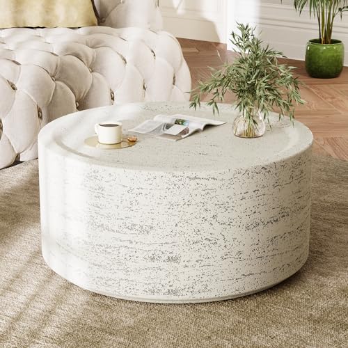 UPHA Modern Round Coffee Tables, Minimalist Accent Luxury Small Faux Stone Coffee Table, Low Light Hollow Concrete Center ...
