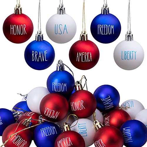 Deloky 24 Pcs 4th of July Tree Ornaments - 1.57" Memorial Day Letter Balls - Red White Blue Patriotic Hanging Balls for In...