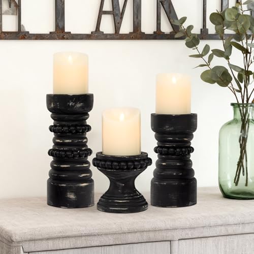 MODE HOME Rustic Black Wood Candle Holders Set of 3, Farmhouse Beaded Wood Pillar Candle Holder, Candle Holders for Pillar...