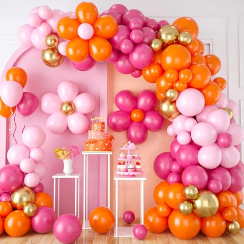 Pink Orange Balloon Garland, Daisy Balloon Arch with Metallic Gold Party Flower Balloons For Birthday Baby Shower Wedding ...