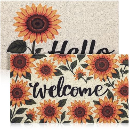 2 Pcs Summer Welcome Mat Sunflower Decorative Doormat Sunflower Floor Mats Summer Non Slip Entrance Door Rugs for Outdoor ...