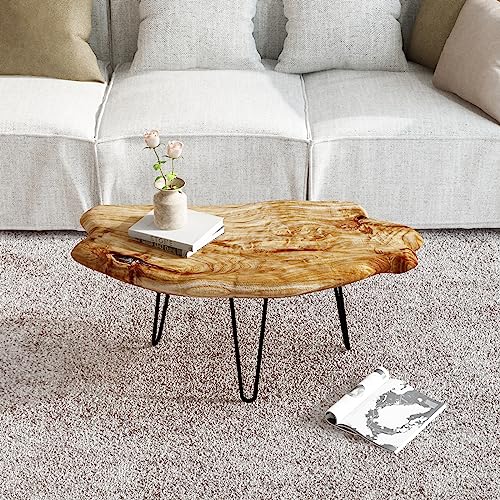 WELLAND Live Edge Cedar Wood Coffee Table Metal Hairpin Legs 32.5" W x 17" D x 16" H for Living Room, Patio, Bedroom, Home...