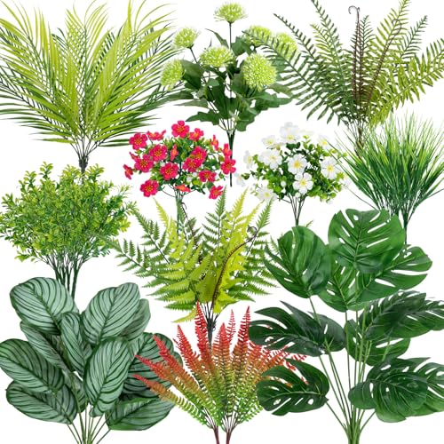 Besteek 20 Pcs Artificial Plants Outdoor Fake UV Resistant Artificial Flowers Greenery Stems Boston Fern Faux Shrubs Plast...