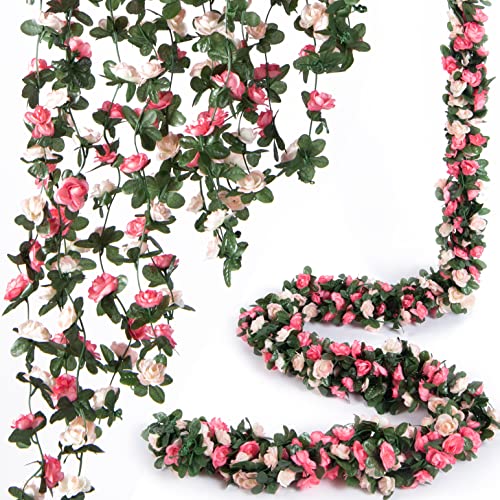 PONKING 8 Pcs x 8.2 ft Flower Garland Artificial Rose Vine Flowers with Green Leaves Hanging Fake Roses Vine for Room Part...
