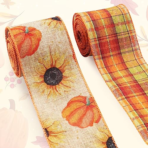 2 Rolls Fall Fabric Ribbons Thanksgiving Decor Ribbons Pumpkin Sunflowers Plaid Burlap Linen Ribbons for Thanksgiving Fall...