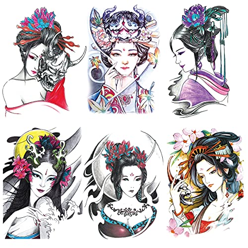 Oottati 6 Sheets Arm Waterproof Temporary Tattoo Stickers, Colorful Japanese Ancient Beauty Lady Women Hairpin Geisha Praj...