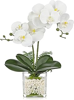 White Orchids Artificial Flowers 16.1" Faux Orchids Plant in Pot Fake Flower Arrangements with Glass Vases Small White Cen...