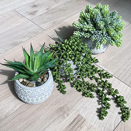 Winlyn 3 Pcs Assorted Small Potted Succulent Plants Artificial Aloe Hops String of Pearls Succulents in Gray Geometric Con...