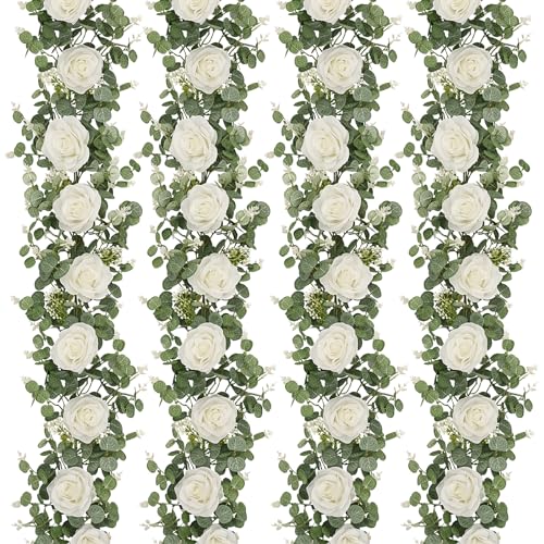 Dolicer 4Pcs 26Ft Artificial Eucalyptus Garlands with Flowers - 8 Roses, Faux Floral Greenery Garlands Fake Flowers Vines ...