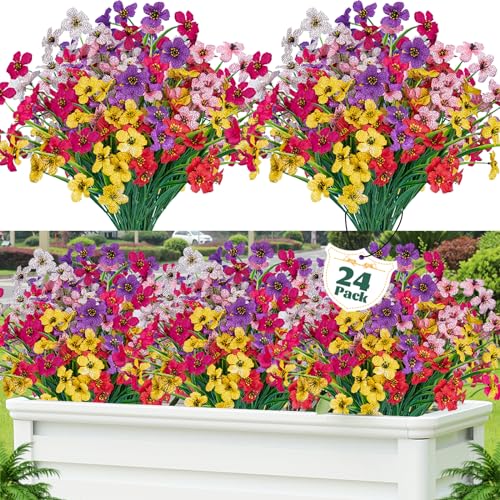 Lnoicy 24 Pcs Artificial Flowers for Outdoor,Plastic Flowers Decoration, UV Resistant Faux Flowers Shrubs, Artificial Plan...