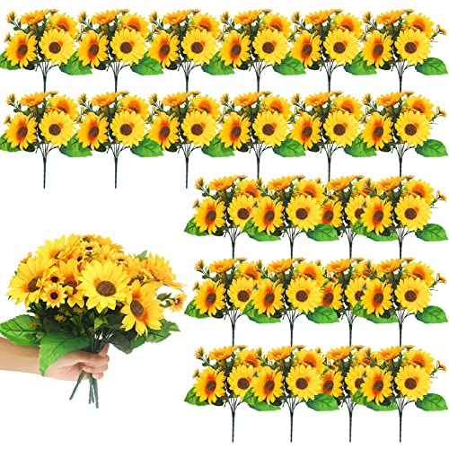 Redbaker 24 Bundles Sunflower Faux Mums for Outdoor Artificial Flower with Stems Bouquet Fake Plants Bulk UV Resistant Pla...