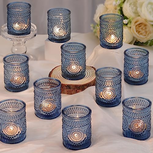 DARJEN Blue Votive Candle Holders Set of 36- Glass Candle Holders Bulk for Tea Light Candle, Embossed Candle Votives for W...