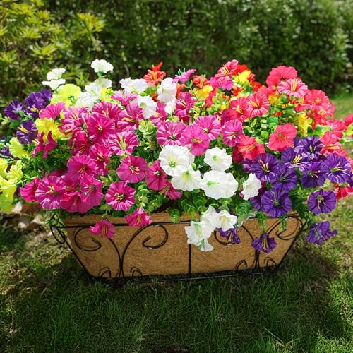HyeFlora Artificial Flowers for Outdoors Fake Plants Outside Decoration, 12 Bundles Silk Colorful Morning Glory with Eucal...