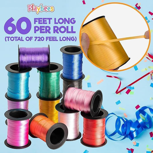 Playbees Curling Ribbon -12-Pack - 60 Foot Rolls - 240 Yards Balloon String Total - Assorted Colors Ribbon for Crafts, Gif...