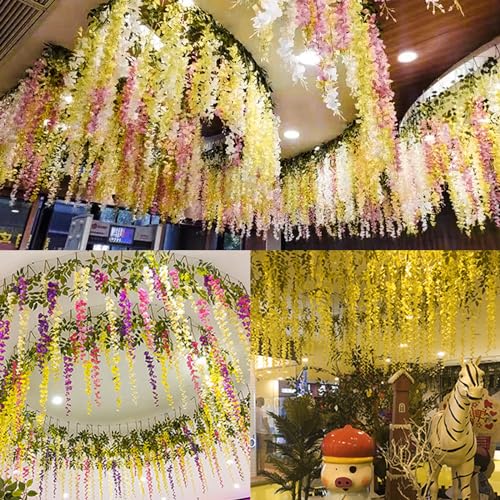LUZOGA 24 Pack Wisteria Hanging Artificial Flowers Fake Flowers Ratta Hanging Garland Silk Flowers String for Home Garden ...