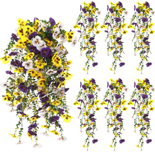 Riceshoot 6 Pcs Artificial Hanging Flowers for Outdoors Fake Hanging Plants for Spring Summer Decoration Realistic UV Resi...