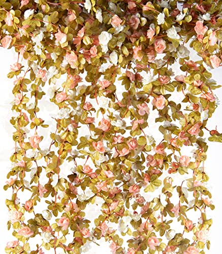 PONKING 6 Pcs x 8.2 ft Flower Garland Artificial Rose Vine Flowers with Green Leaves Hanging Fake Roses Vine for Room Part...