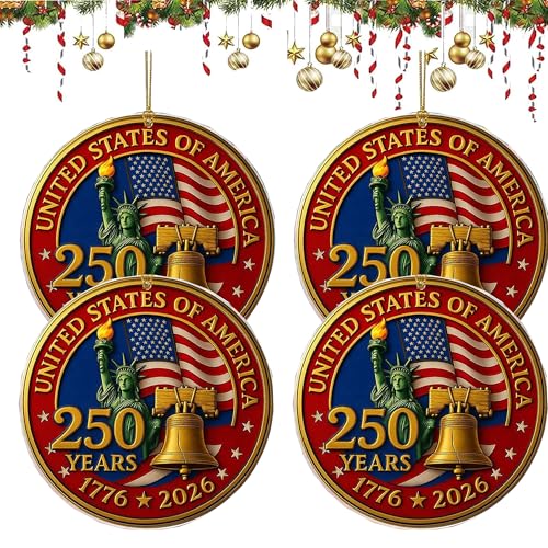 4pc United States 250th Anniversary Ornaments, 250th USA Anniversary Acrylic Christmas Ornament – 1776-2026 Red & Gold Pat...
