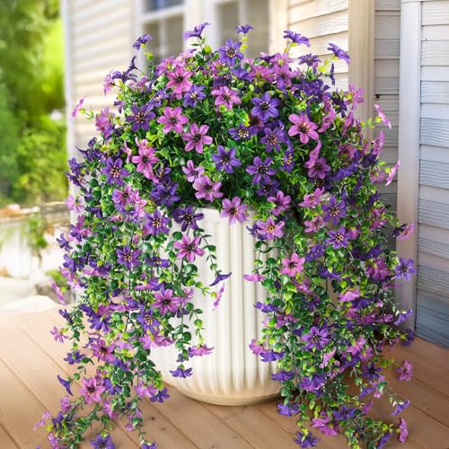 Artificial Fake Hanging Flowers Plants for Outdoor Spring Decoration,2 PCS Faux Silk Daisy with Eucalyptus Leaves,UV Resis...