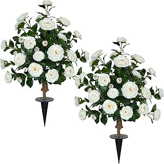 2 Packs 35.4" Artificial Camellia Tree Outdoor, 3FT Fake Flower Trees UV Resistant Faux Bushes Outdoor for Patio Porch Gar...