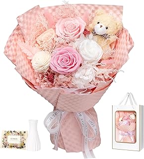 NOVEMBER SPRING Preserved Flowers Bouquet with Bear - 4 Real Forever Flowers for Delivery, Long-Lasting Pink Eteranl Roses...