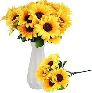 Artificial Sunflowers, Fake Sunflowers Artificial Flowers for Vase, Fall Silk Flowers with Stems for Kitchen Bouquet Weddi...