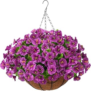 Homsunny Artificial Hanging Flowers Plants Basket for Outdoor Decoration,Fake Petunias Faux Silk Moring Glory UV Resistant...