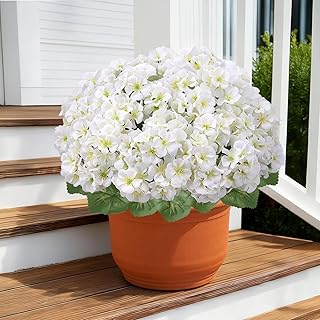 COEWUR 12Pcs Artificial Geranium Flowers for Outdoors 14in Silk Geraniums Flowers Outdoor UV Resistant Look Real Fake Whit...