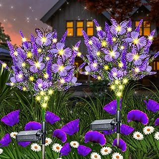 Solar Garden Flower Lights Artificial Lavender Outdoor Lights with Butterflies Waterproof for Yard Patio Lawn Pathway Land...