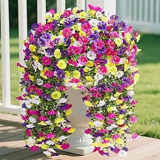 Serwalin Artificial Hanging Flowers for Outdoors UV Resistant, 4PCS Faux Morning Glory Fake Outdoor Flowers Realistic Silk...