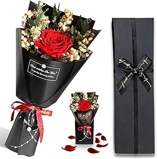 Valentine Girlfriend Real Forever Flower Roses Gift - Preserved Roses with Gift Box, Baby's Breath, Pearls, Greeting Card,...