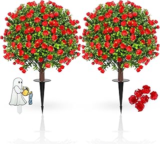 JTING' CHOISIR Set of 2 Artificial Lavender Boxwood Topiary Ball Trees with Ground Spike, 26 Inches UV Resistant Fake Plan...