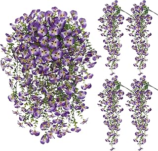 Famtores Purple Artificial Hanging Flowers for Outdoors, 4 PCS 29.5in UV Resistant Faux Outdoor Hanging Plants Pansy Flowe...