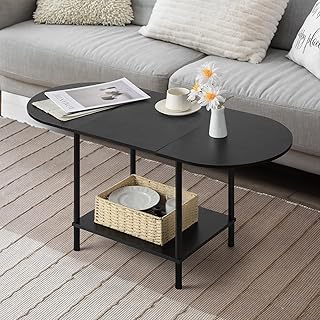 Coffee Tables for Living Room,2-Tier Small Coffee Table Industrial Modern Black Coffee Table with Storage Shelf and Wood T...