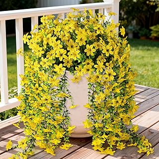 Artificial Fake Hanging Flowers Plants for Outdoor Spring Decoration,2 PCS Faux Silk Daisy with Eucalyptus Leaves,UV Resis...