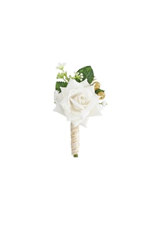 Yelinart 1 pc Ivory Rose Men Boutonniere for Wedding Groom Groomsmen Artificial Flowers Boutonniere for Prom Homecoming