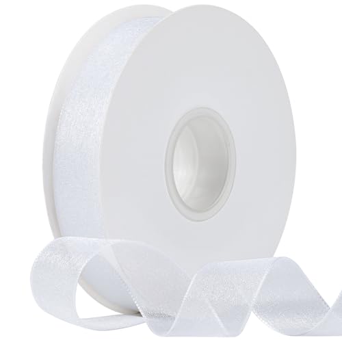Zerofy Sheer Organza Ribbon 1 Inch Chiffon Ribbons for Gift Wrapping, Flower Bouquet, 50 Yards/Roll (White)