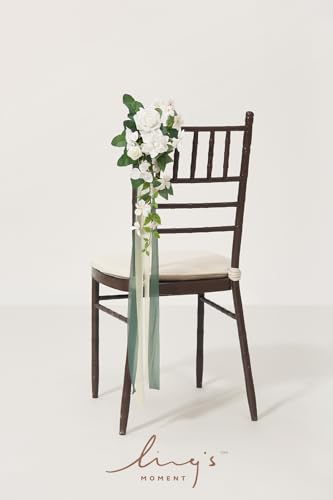 Ling's moment 8pcs Wedding Artificial Aisle Pew Flowers Chair Decorations White & Sage Green Arrangements with Chiffon Rib...