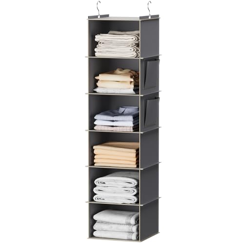 YOUDENOVA Hanging Closet Organizer and Storage, 6-Shelf Closet Hanging Storage Shelves, Grey