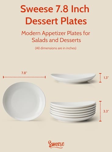 Sweese Porcelain 7.8 Inch Dessert Plates Set of 6 - White Salad Plates, Appetizer Plates, Small Plates - Dishwasher, Micro...