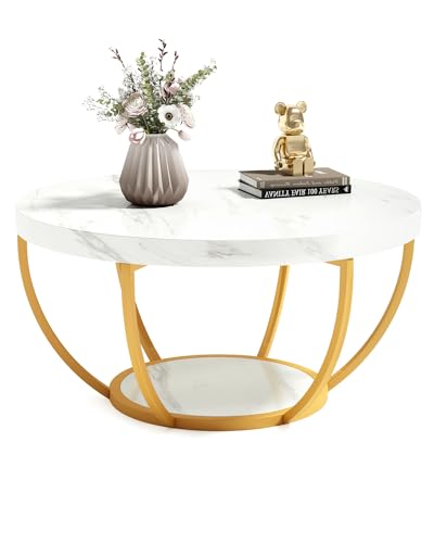 LITTLE TREE Round Coffee Table, 32" Circle Faux Marble Coffee Tables for Living Room, 2-Tier Golden Metal Legs Accent Cent...