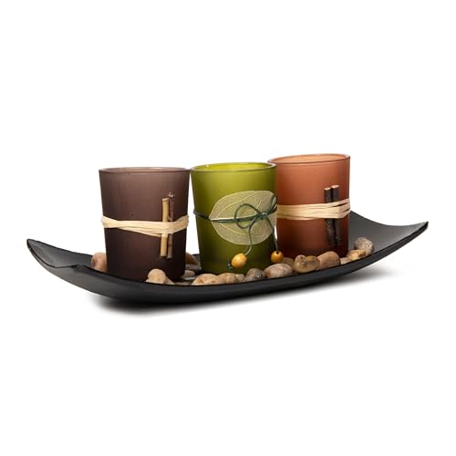 Dawhud Direct Decorative Votive Candle Holders, Vintage Decor Flameless Candlescape Set, 3 LED Tea Light Candles, Rocks an...