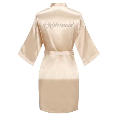 Chic Defend Women's Satin Robe Bride Bridesmaid Short Kimono Robes with Silver Rhinestones for Wedding Party Getting Ready