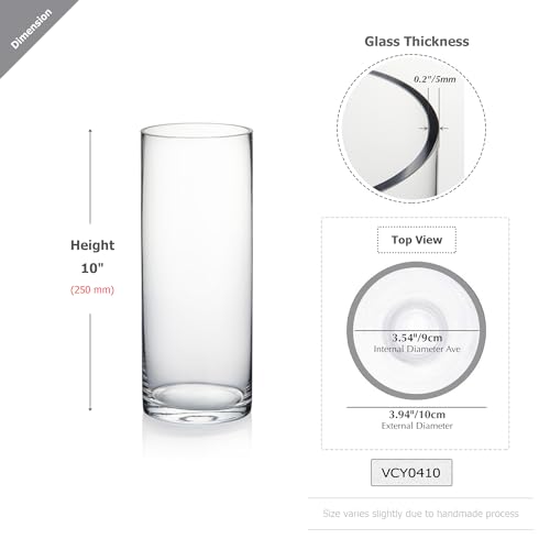 WGVI Quality Thick Weighted Clear Cylinder Glass Vases, 4" W x 10" H, Flower Arrangement Floating Candle Holders Wedding C...