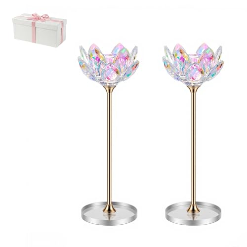 Crystal Candle Holders Set of 2, Lotus Flower Candlestick Holders with Mirror Base, Metal Stand, Elegant Table Centerpiece...