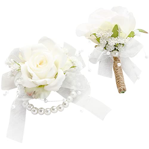 Floroom Ivory Rose Wrist Corsage Bracelet Wristlet Band and Men Boutonniere Set for White Wedding Flower Accessories Prom ...